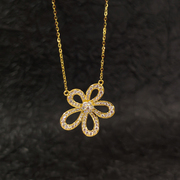 韩国流行纯14k金花朵(金花朵)项链，女镶锆石闪亮锁骨，链甜美大气五瓣花颈链