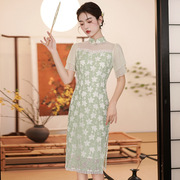 法式绿色旗袍显瘦少女年轻款气质高端日常夏季改良蕾丝国风连衣裙