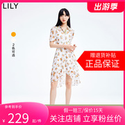 lily2024夏女装(夏女装)浪漫水果印花不规则显瘦高腰短袖衬衫式连衣裙