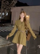 韩版海军领连衣裙女秋冬气质收腰衬衫腰带长袖时尚翻领短款裙