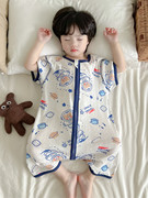 宝宝短袖睡袋夏季薄款儿童防踢被纯棉，婴儿护肚连体哈衣空调家居服