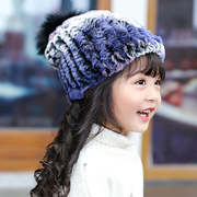 儿童冬季保暖獭兔毛皮，草帽护耳手工，编织兔毛小孩帽子狐狸毛球