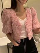 韩国chic夏季法式气质v领泡泡袖重工，立体玫瑰花朵百搭短款外套女