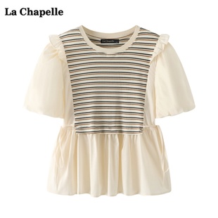 拉夏贝尔lachapelle假两件条纹，拼接上衣女夏季小众显瘦短袖衬衫