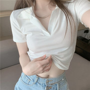 韩国白色条纹短袖T恤女夏薄款2024Polo领针织衫短款显瘦翻领