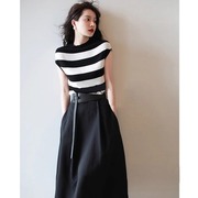 gg。xzoxzo2024夏季法式名媛，小黑裙赫本风，高级感条纹连衣裙两件套