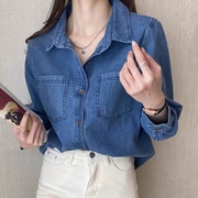 大码复古牛仔衬衫外套女春秋冬季宽松设计感上衣叠穿长袖打底衬衣
