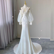 复古蕾丝轻婚纱2024法式缎面，鱼尾礼服气质，新娘出门迎宾轻婚纱