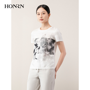 HONRN/红人白色桑蚕丝真丝短袖圆领打底正肩t恤上衣女夏HH11SY332