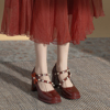 红色超高跟鞋女粗跟玛丽珍婚鞋女2023珍珠蝴蝶结法式气质单鞋