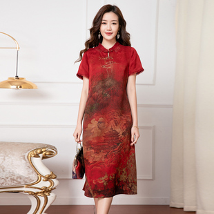 新中式真丝旗袍红色喜婆婆妈妈礼服品牌香云纱连衣裙桑蚕丝裙子