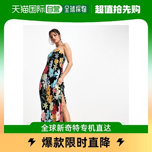 香港直邮潮奢asos女士设计单肩蝙蝠袖打褶花朵长款连衣裙(黑色)