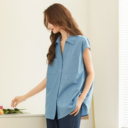 无袖中长款衬衫2023夏季韩版纯色口袋单排扣开衫衬衣女