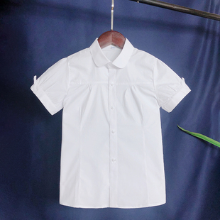 女童短袖白衬衫纯棉，中大儿童夏装小学生，校服洋气蝴蝶结纯白色衬衣