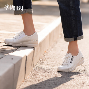 Pansy日本女鞋绑带厚底坡跟白色单鞋透气运动休闲鞋春款7046