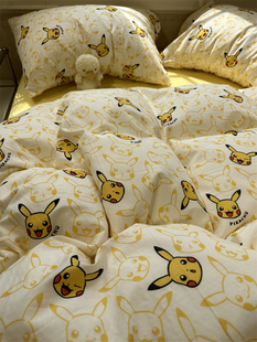 卡通小精灵双层纱皮卡丘床上四件套全棉1.5m1.8米，被套床单幼儿园