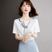 沐娜希白色短袖T恤女夏季2024韩版印花披肩小衫气质百搭上衣