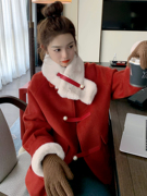 乔觅毛呢外套女冬富家千金圣诞冬装2023新年战袍韩系红色呢子大衣