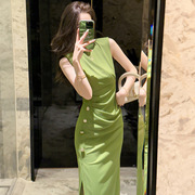 2024夏季女装通勤气质，圆领褶皱收腰开叉绿色，显白连衣裙30503