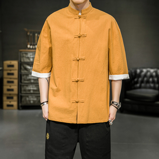 夏季大码中国风盘扣，短袖衬衫男士中式唐装古装棉麻汉服复古中山装