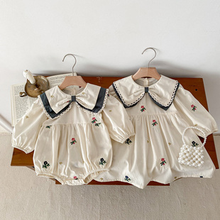韩版童装女童衣服春装姐妹装婴儿碎花连体衣棉质长袖包屁衣连衣裙
