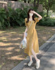 黄色方领法式连衣裙，女森系碎花裙夏季雪纺，开叉短袖长裙