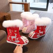 冬季儿童棉靴汉服鞋加绒公主鞋女童，靴子绣花鞋中国风宝宝棉鞋
