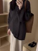 韩系黑色长袖慵懒针织衫，女春秋季宽松外搭毛衣中长款复古上衣