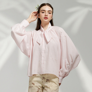 浅粉色法式天丝衬衫女两穿纯色蝴蝶结长袖立领上衣套头宽松