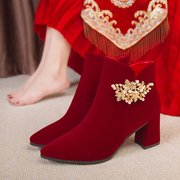 冬季婚鞋女2022红色秀禾服婚纱两穿结婚新娘鞋靴子高跟不累脚