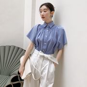 C104小米家韩国女装夏季清新条纹A型宽松娃娃款短袖纯棉衬衫通勤