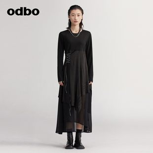 odbo/欧迪比欧原创设计叠穿复古连衣裙女秋装2023垂感高腰裙