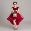 女童模特走秀礼服公主，裙前短后长红色，小女孩主持人儿童钢琴演出服