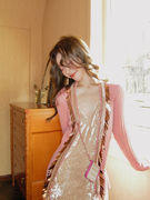 smol粉色针织外套女薄款秋装，设计感亮片上衣，修身长袖小开衫