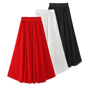 白色雪纺广场舞红裙子，跳舞红色半身裙，小个子长裙大摆裙舞蹈裙