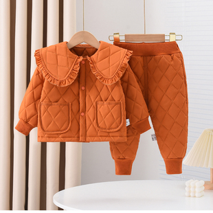 女童冬装款套装2023宝宝，秋冬季夹棉两件套洋气，娃娃领加棉棉服