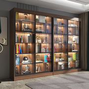 推拉门书柜书架一体靠墙，到顶玻璃门中式实木，书柜大书橱带灯可定制