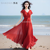 红色连衣裙雪纺短袖，夏季御姐气质高级感长款裙子，海边度假长裙