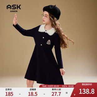 askjunior女童春季长袖连衣裙，2024polo领裙子，儿童学院风长裙