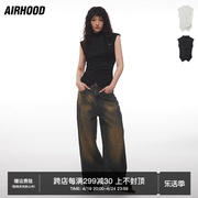 AIRHOOD 欧美修身显瘦半高领无袖背心上衣女设计小心机不规则T恤