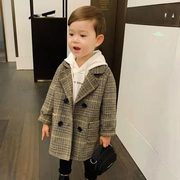 男童秋冬装呢子外套2023韩版儿童格子西装开衫男宝宝时髦大衣