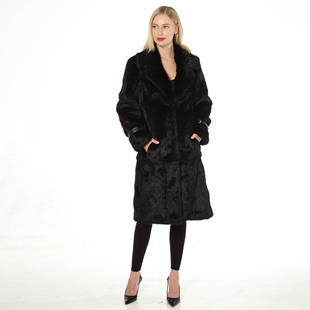 外贸原单西装领黑色兔毛外套，真皮草长，大衣外套女保暖折扣反季