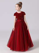 儿童公主裙高端女童钢琴演奏礼服演出服花童公主裙主持酒红晚礼服
