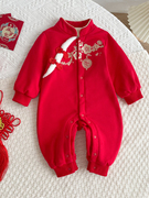 周岁礼服女宝宝连体衣，一岁婴儿生日满月百天大红礼服秋装加绒衣服