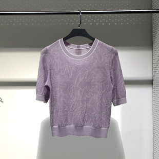 紫色冰丝针织t恤女三彩虹，2023夏装新镂空(新镂空)短袖套头衫s23210206m20
