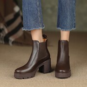 秋冬季切尔西靴女短靴棕色复古厚底粗跟高跟马丁靴真皮软皮加绒