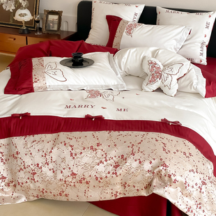 红色婚庆全棉四件套100支长绒棉结婚床上用品纯棉1.8m床单被套