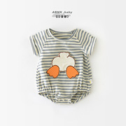 婴儿哈衣夏季新生卡通贴布小鸭子连体薄款短袖男宝宝洋气条纹爬服