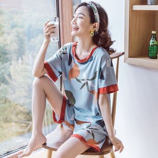 韩版甜美可外穿绵绸套装短袖棉绸睡衣女人造棉夏季大码空调家居服