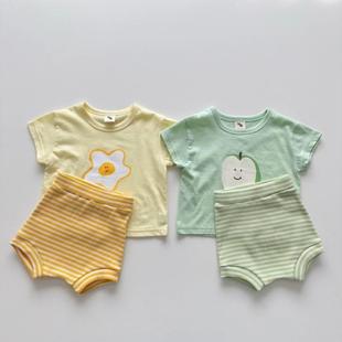 男女宝宝短袖套装夏季糖果色中小童婴儿可爱T恤条纹短裤两件套